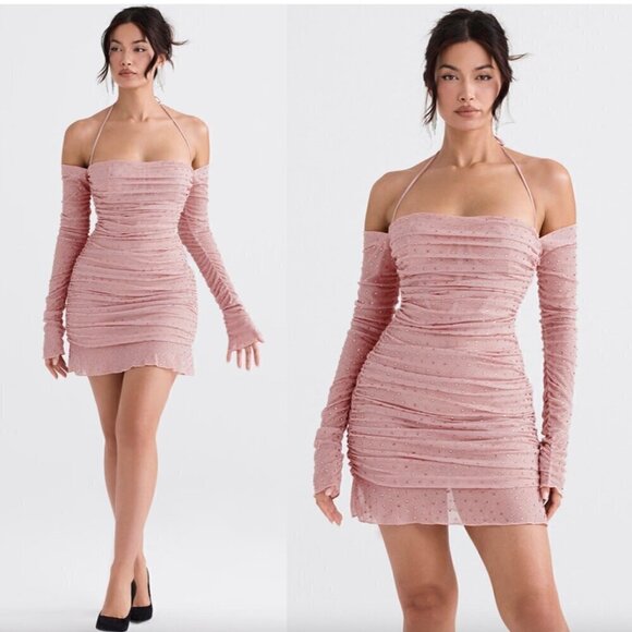 HOUSE OF CB Estella Crystallised Mini Dress in Soft Pink Size Medium - Picture 1 of 16